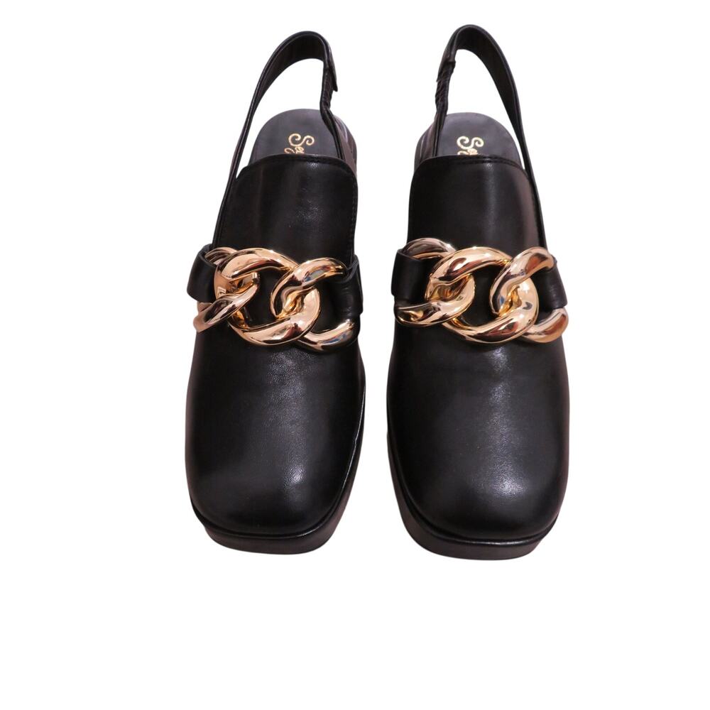 Seychelles Women Sz 8.5 Girl's Best Friend Black Gold Chain Slingback Mules